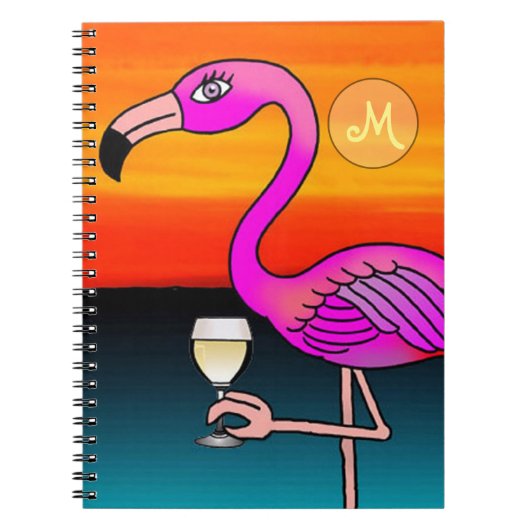 Roséwein trinkender Flamingo mit Monogramm Notizblock (Vorderseite)