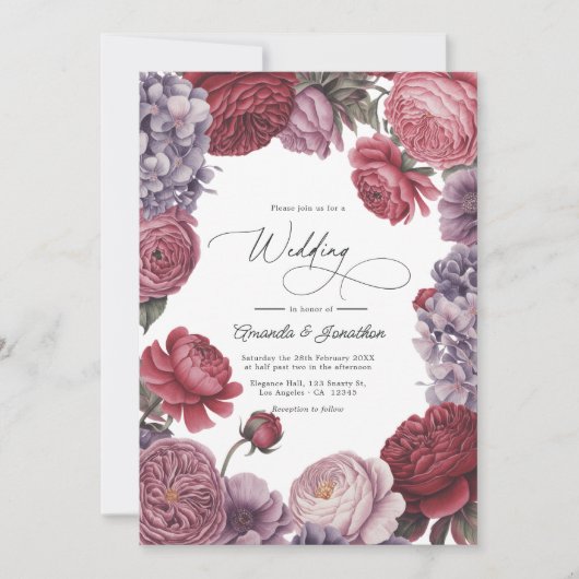 Rosewood and Dusty Lavender Floral Wedding Photo Einladung (Vorderseite)