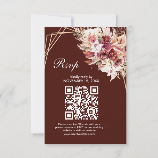 Rosewood Gold Frame QR Code Wedding RSVP Card (Vorderseite)