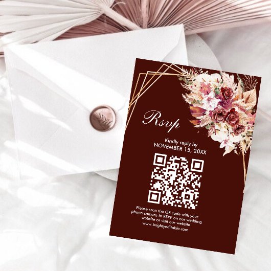 Rosewood Gold Frame QR Code Wedding RSVP Card Karte