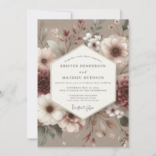 Rosewood Muted Bloom Wedding Einladung (Vorderseite)