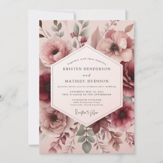 Rosewood Painterly Flora Wedding Einladung (Vorderseite)
