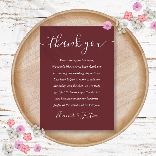 Rosewood Pink Elegant Script Wedding Vielen Dank Platzkarte