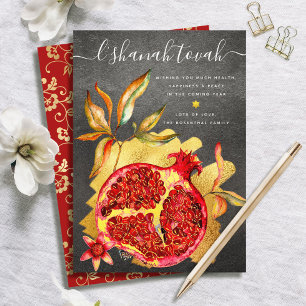 Rosh Hashana Roter Aquarell-Granatapfel Gold Grau Feiertagskarte