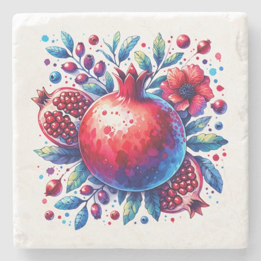 Rosh Hashana Wasserfarbe Pomegranat Steinuntersetzer (Vorderseite)