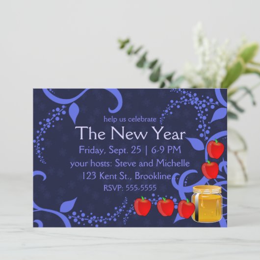 Rosh Hashanah Äpfel und Honey auf Blue Einladung (Stehend Vorderseite)