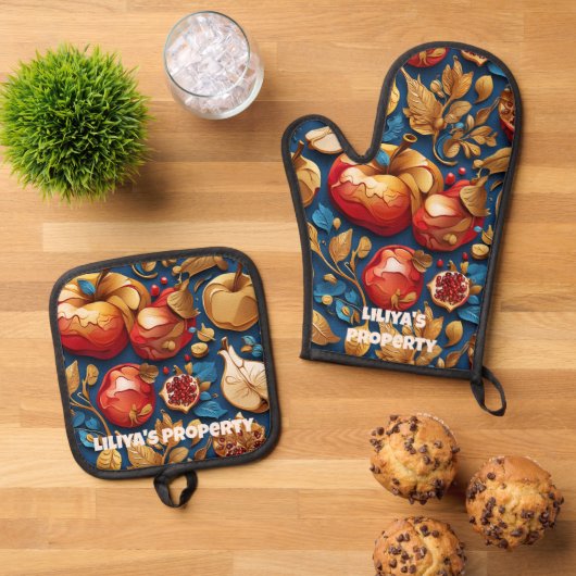 Rosh Hashanah Apples & Pomegranates Ofenhandschuh & Topflappen-Set (Oben Unten)
