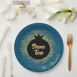 Rosh Hashanah Blue Black Gold Funkelnd Pomegranat Pappteller