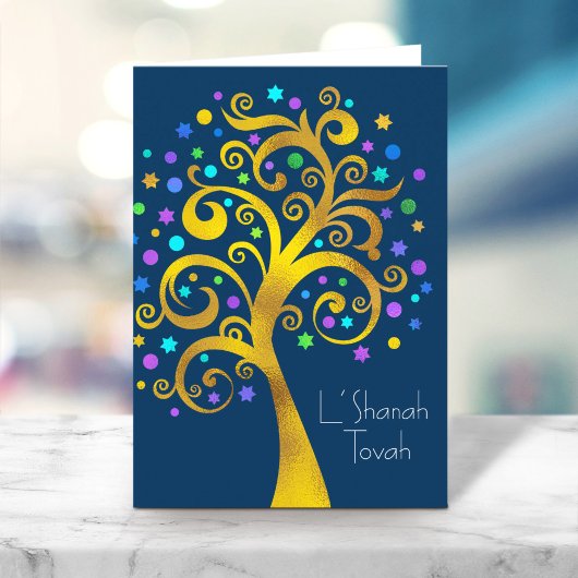 Rosh Hashanah Blue Gold Foil Tree of Life on Navy Karte