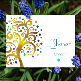 Rosh Hashanah Blue Gold Olivenweg Tree of Life Mod Feiertagspostkarte