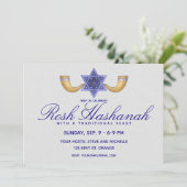 Rosh Hashanah Blue Star von David und Gold Shofars Einladung (Stehend Vorderseite)