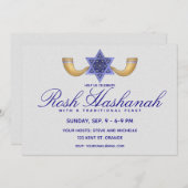 Rosh Hashanah Blue Star von David und Gold Shofars Einladung (Vorne/Hinten)