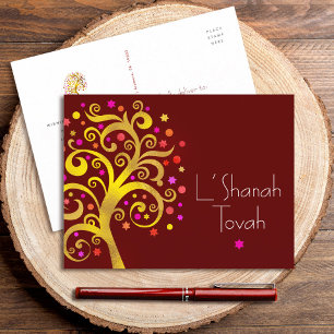 Rosh Hashanah Burgundy Gold Foil Tree of Life Bold Feiertagspostkarte