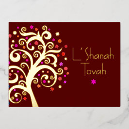 Rosh Hashanah Burgundy Red Tree of Life Real Gold Folien Feiertagspostkarte
