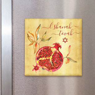Rosh Hashanah Chic Red Pomegranate Watercolor Gold Magnet