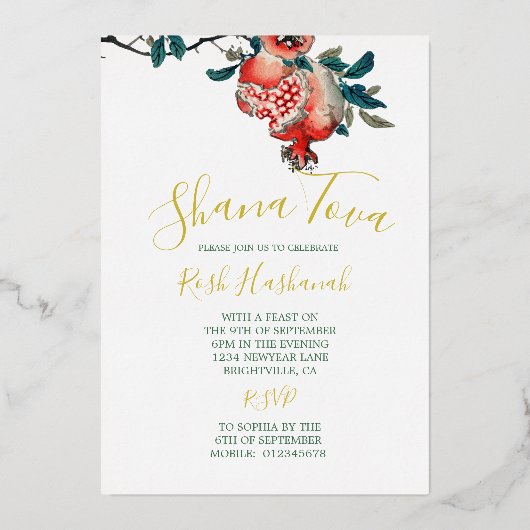 Rosh Hashanah Elegantes Neujahrsfest Pomegranat Folieneinladung (Rückseite)