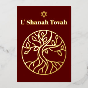 Rosh Hashanah Gold Foil Tree of Life Burgundy Folien Feiertagskarte