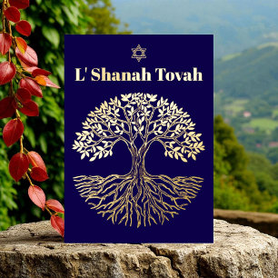 Rosh Hashanah Goldfolie Baum des Lebens Blau Folien Feiertagskarte
