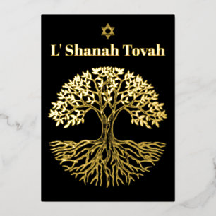 Rosh Hashanah Goldfolie Lebensbaum Schwarz Folien Feiertagskarte
