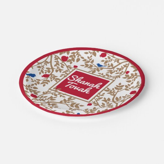 Rosh Hashanah Juwish New Year Bird & Pomegranates Pappteller (Schrägansicht)