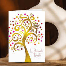 Rosh Hashanah Modern Red Gold Foil Tree of Life