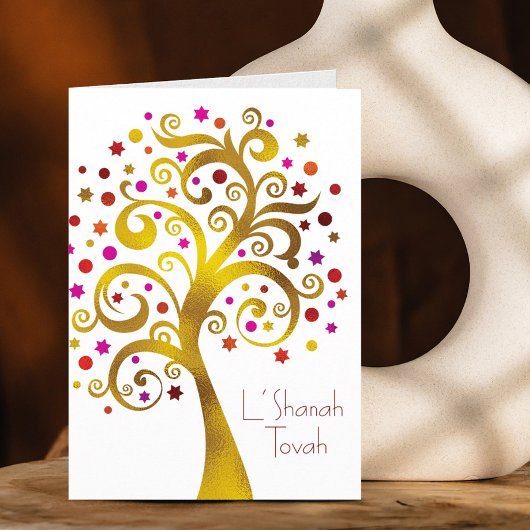 Rosh Hashanah Modern Red Gold Foil Tree of Life Karte