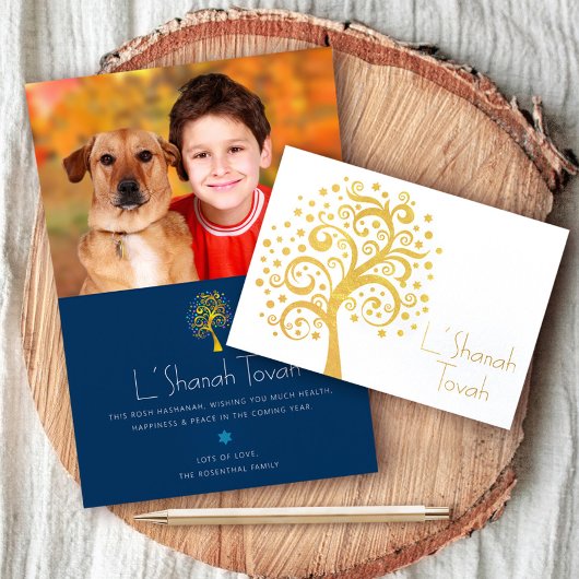 Rosh Hashanah Navy Tree Foto Real Gold Folienkarte
