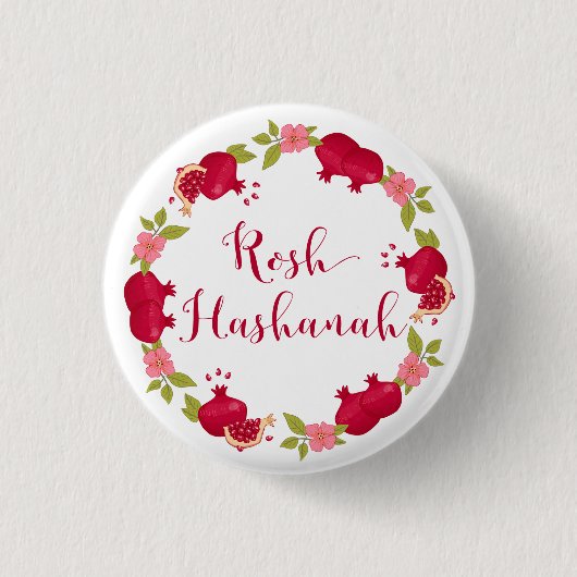 Rosh Hashanah Neujahr Granatapfel Blume Wreath Button (Vorderseite)