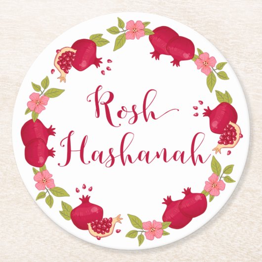 Rosh Hashanah Neujahr Granatapfel Blume Wreath Runder Pappuntersetzer (Vorderseite)