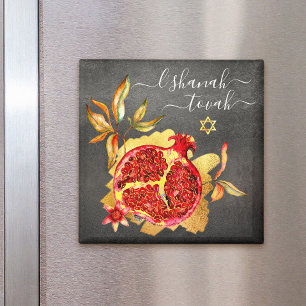 Rosh Hashanah Pomegranate Red Watercolor Gold Grau Magnet