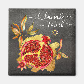 Rosh Hashanah Pomegranate Red Watercolor Gold Grau Magnet (Vorne)