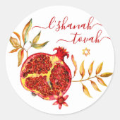 Rosh Hashanah Red Gold Pomegranate Watercolor Runder Aufkleber (Vorderseite)