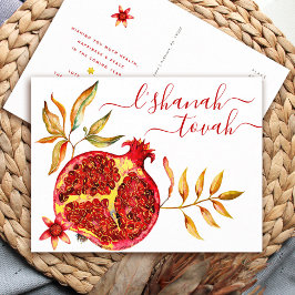 Rosh Hashanah Red Gold Watercolor Pomegranate Bold Feiertagspostkarte