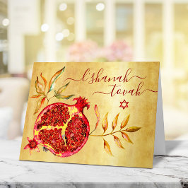 Rosh Hashanah Red Pomegranate Watercolor auf Gold Karte