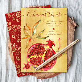 Rosh Hashanah Red Watercolor Pomegranat auf Gold Feiertagskarte