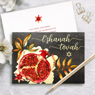 Rosh Hashanah Roter Granatapfel Aquarell Echtgold Folien Feiertagskarte