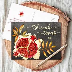 Rosh Hashanah Roter Granatapfel Aquarell Echtgold Folien Feiertagspostkarte