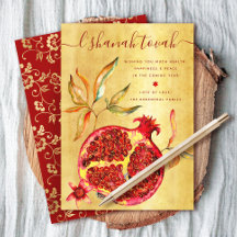 Rosh Hashanah Rotes Aquarell Granatapfel auf Gold