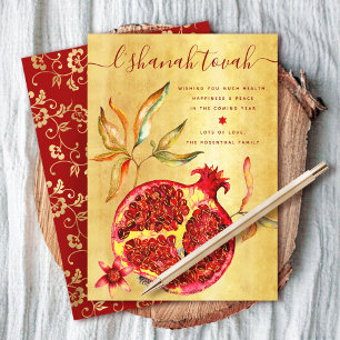 Rosh Hashanah Rotes Aquarell Granatapfel auf Gold Feiertagskarte