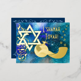 Rosh Hashanah Star Shofar Blue Real Gold Foil Card Folie Einladungspostkarte