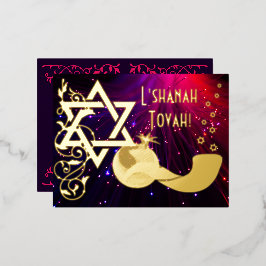 Rosh Hashanah Star Shofar Lights Real Gold Folie Einladungspostkarte