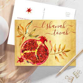 Rosh Hashanah Watercolor Red Pomegranate auf Gold Feiertagspostkarte