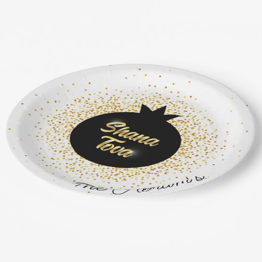 Rosh Hashanah White Black Gold Funkelnd Pomegranat Pappteller (Schrägansicht)