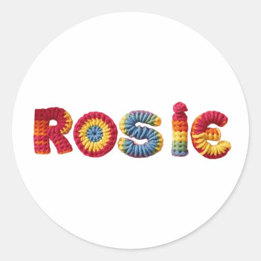 Rosie Name in lebendigem Crochet-Muster Runder Aufkleber (Vorderseite)