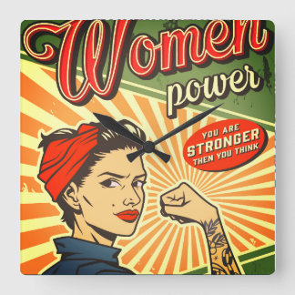 Rosie Riveter, Woman Power Retro Design Quadratische Wanduhr