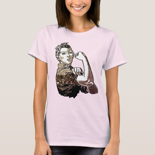 Rosie-The-Riveter Feminist Graphic Line Art Brown T-Shirt (Vorderseite)