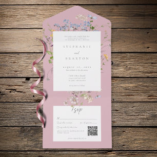 Rosiger Wildblumengarten Elegante Hochzeit QR All In One Einladung