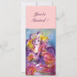 ROSINA/LADY MIT ROSE UND PARROT Rosa Blau Einladung