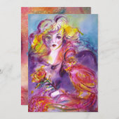 ROSINA/ROMANTISCHE LADY,ROSE UND PARROT Rosa Blau Einladung (Vorne/Hinten)