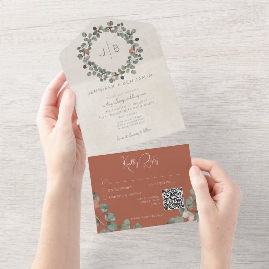 Rost & Green Eucalyptus Moderner QR-Code All In One Einladung (Abreißen)